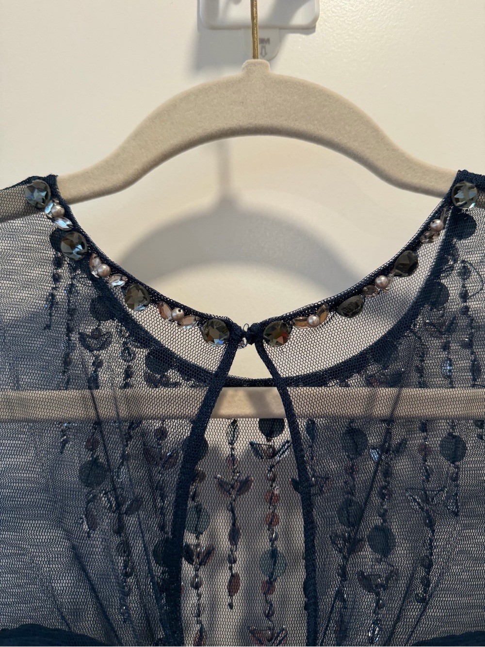 Adrianna Papell Navy Beaded Illusion Evening Gown - Picture 7 of 9